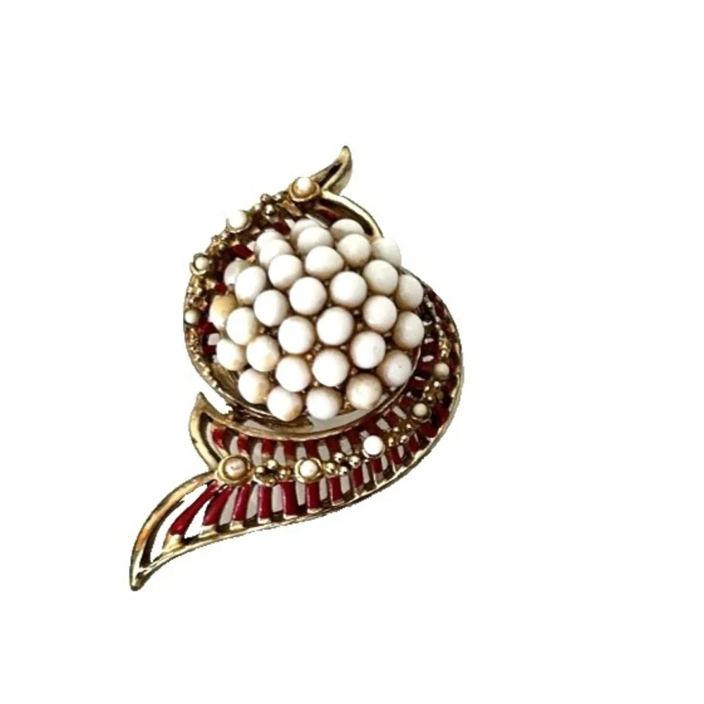 Vntage CORO Signed Spray Brooch Pin Pearl Milk Glass Bead Cluster Red Enamel 50s